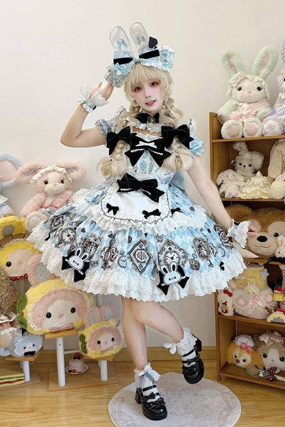 [Reservierungsschluss 30. Juni] Blau-weißes Alice-im-Wunderland Sweet-Lolita-Schleifen-Schürzen-OP-Kleid + Komplettset 1/2