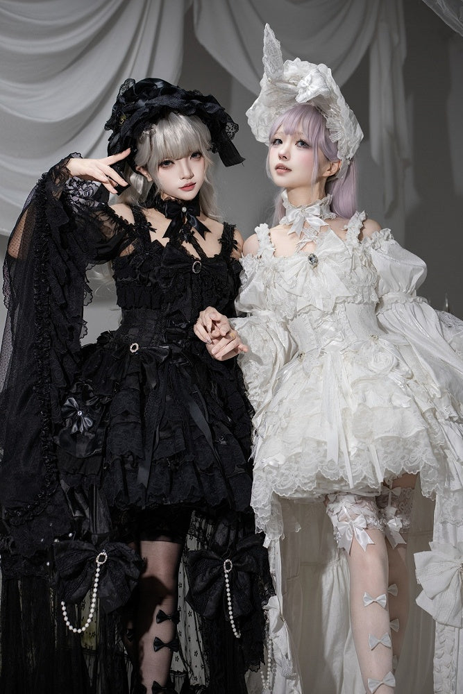 【7月19日予約締切】ホワイト/ブラックウエディングロリータドレスフルセット（JKSドレス＋姫袖ブラウス＋ロングオーバーレイ＋リボンアクセサリー）