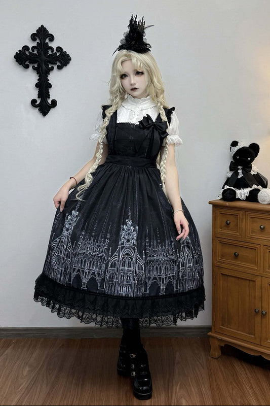 【10月13日予約締切】Gothic Lolita Black White Cathedral Print Lace Trim JSK Dress + Full Dress Set (Detachable Sleeved Shirt, Mini Hat, Apron, Brooch)