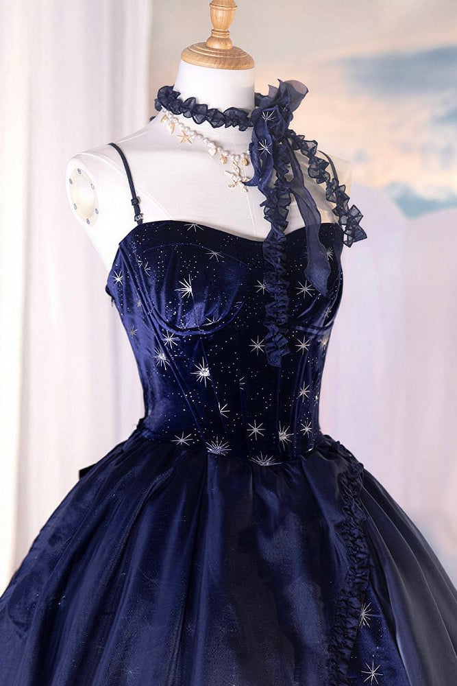 [Reservierungsschluss 1. Juni] Dunkelblau/Pink/Dunkelpetrol Atlantis Dark-Fantasy-Lolita Sternen-Korsett asymmetrisches Bustier-JKS-Kleid