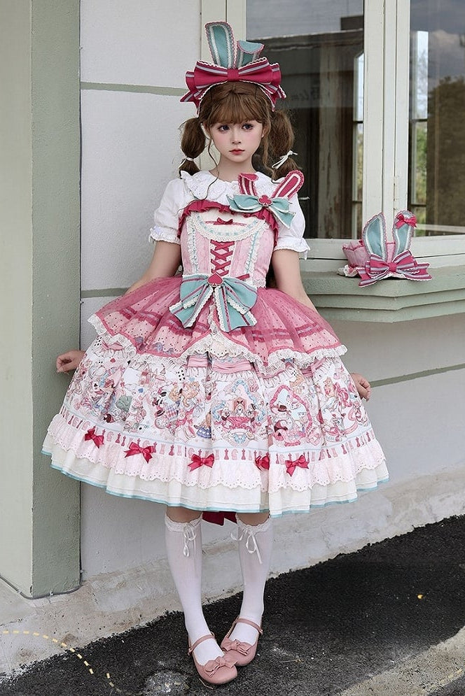 [Date limite de précommande : 1er juillet] Robe JSK sweet lolita rose x verte Alice Chat à nœud (avec surjupe en tulle à pois)