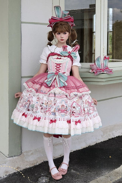 [Date limite de précommande : 1er juillet] Robe JSK sweet lolita rose x verte Alice Chat à nœud (avec surjupe en tulle à pois)