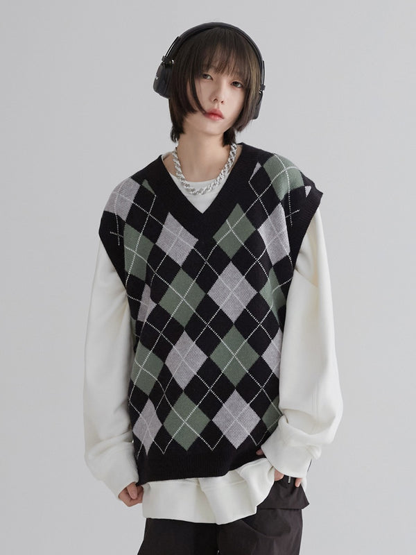 Loose Retro Check Knit Vest