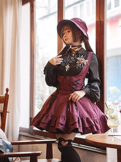 【12月29日予約締切】ゴシックロリータダークカラーストライプバッククロスフリルサスドレス