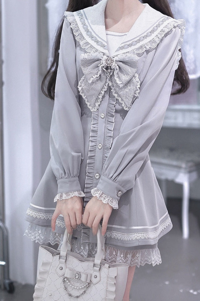 [Pre-order Deadline: September 29] Blue Sailor Collar Frill Lace Trim Dress + Shorts + Cross Charm Jewel Bow Tie Set