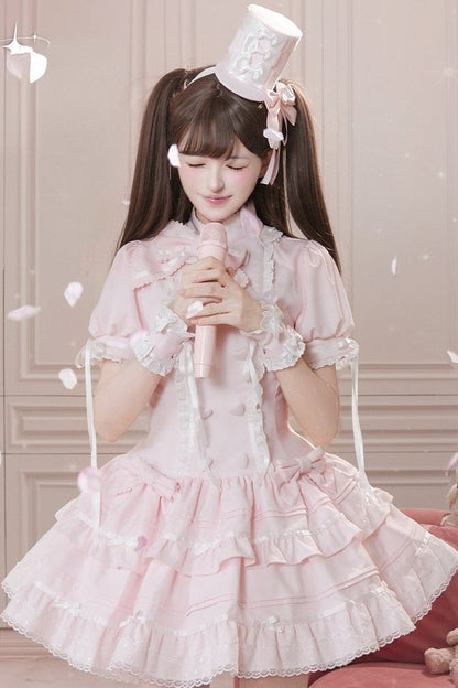 【10月23日予約締切】Pink Sweet Lolita Puff Sleeve Bow Frill Dress＋Full Set (with Hat and Wrist Cuffs)