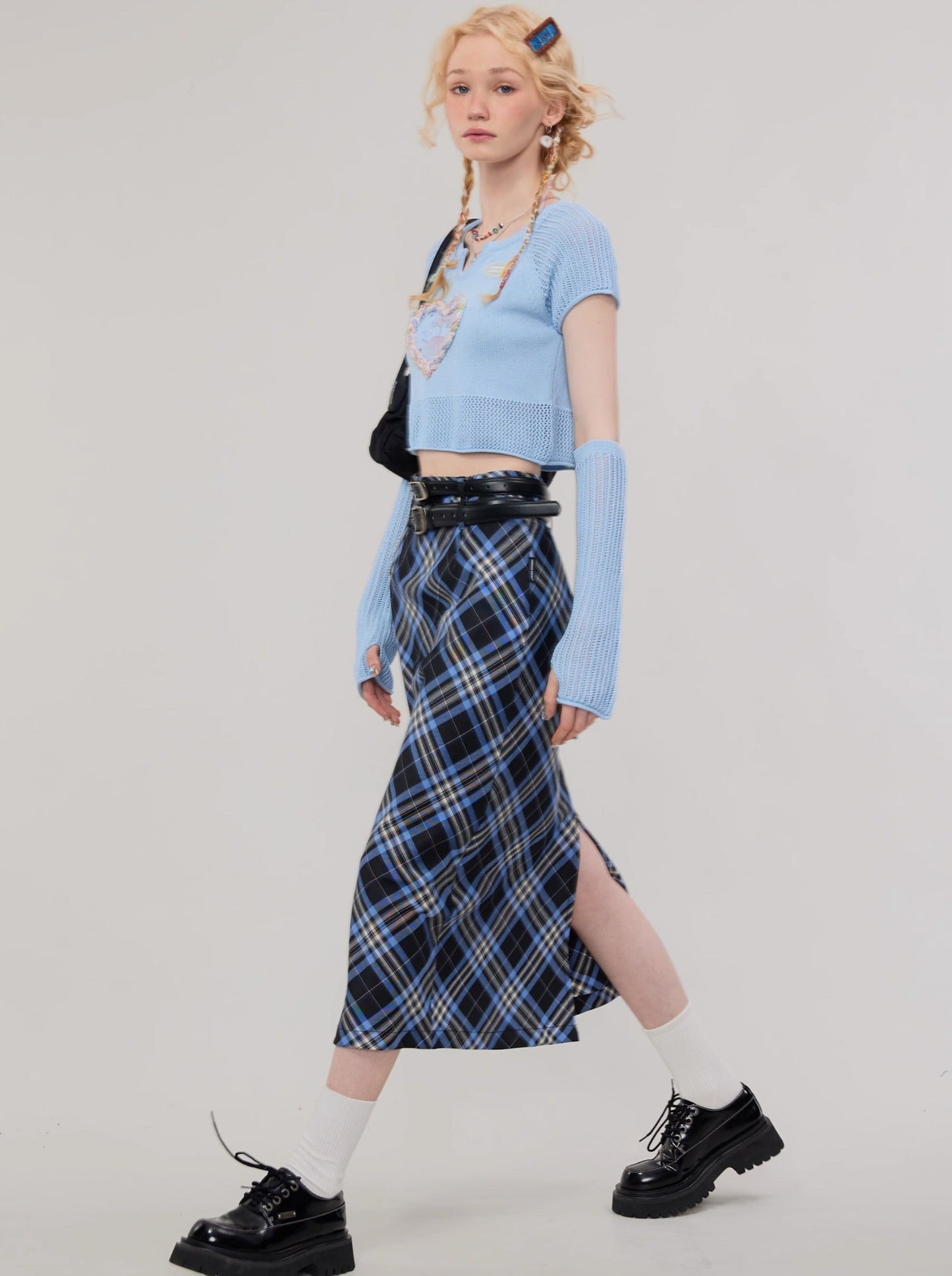 American Retro High Waist Slim Blue Slit Argyle Skirt