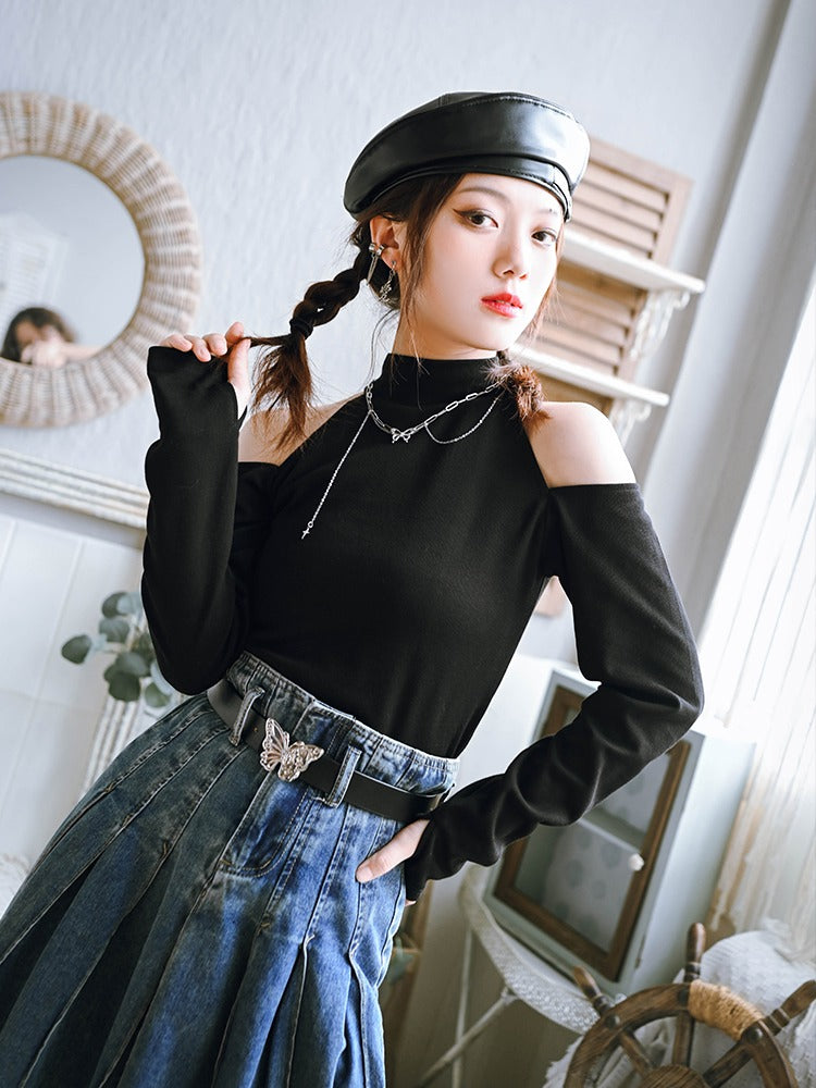 High neck cheap off shoulder top