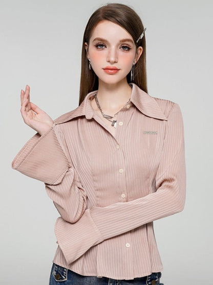 Baby Pink Satin Striped Waist Shirt