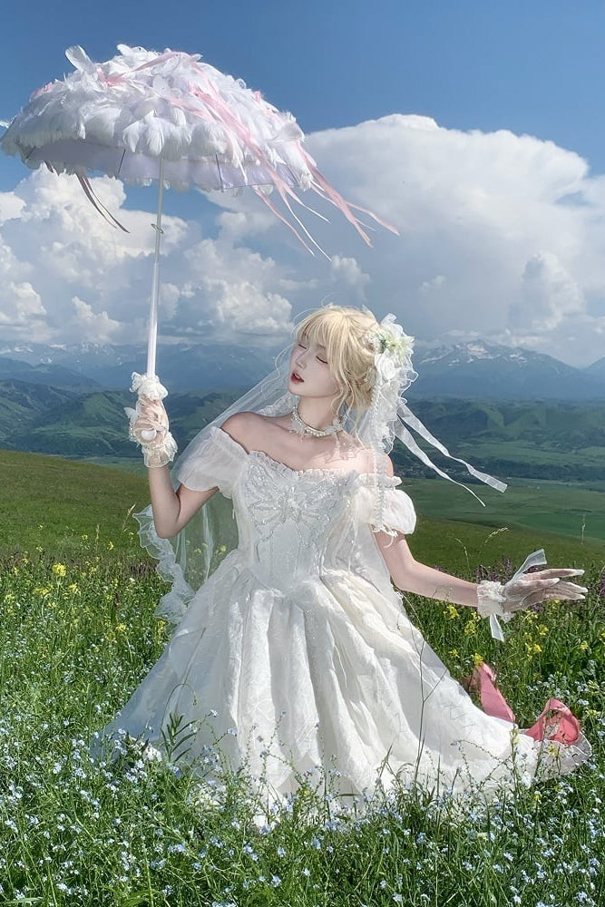 【10月28日予約締切】White Butterfly Gothic Lolita Puff Sleeve Dress Top + Layered Ruffle Asymmetrical Hem Skirt Set (With Chest Brooch + Waist Brooch)