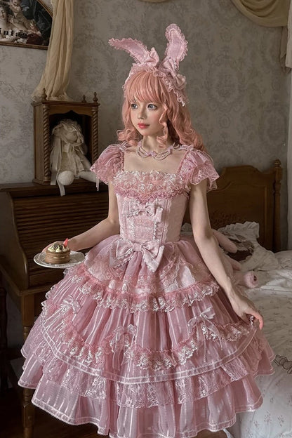【6月20日予約締切】ピンク/ブルースイートラビットリボンフェアリープリンセスレースティアードJKSドレス