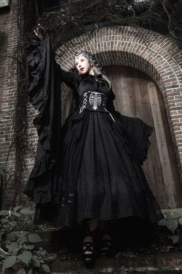 【11月2日予約締切】Born Nocturne Black Gothic Puff Sleeve Lace Layered Long Dress (with Bow Tie) + Embroidered Corset Belt + Detachable Oversized Bell Sleeves