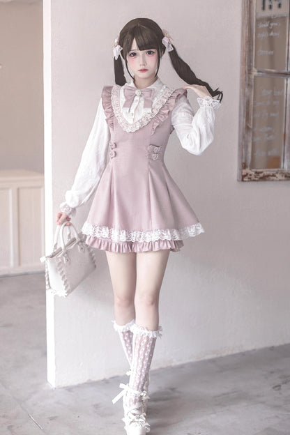 [Fecha límite de reserva: 14 de septiembre] Conjunto de vestido con volantes rosa y blanco + lazo de joya