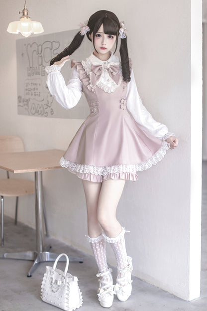 [Fecha límite de reserva: 14 de septiembre] Conjunto de vestido con volantes rosa y blanco + lazo de joya