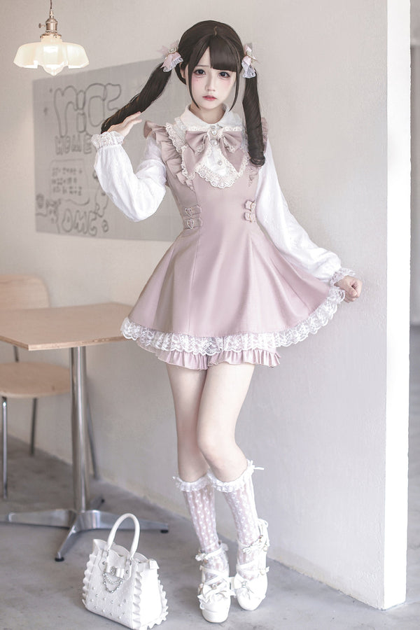 [Fecha límite de reserva: 14 de septiembre] Conjunto de vestido con volantes rosa y blanco + lazo de joya