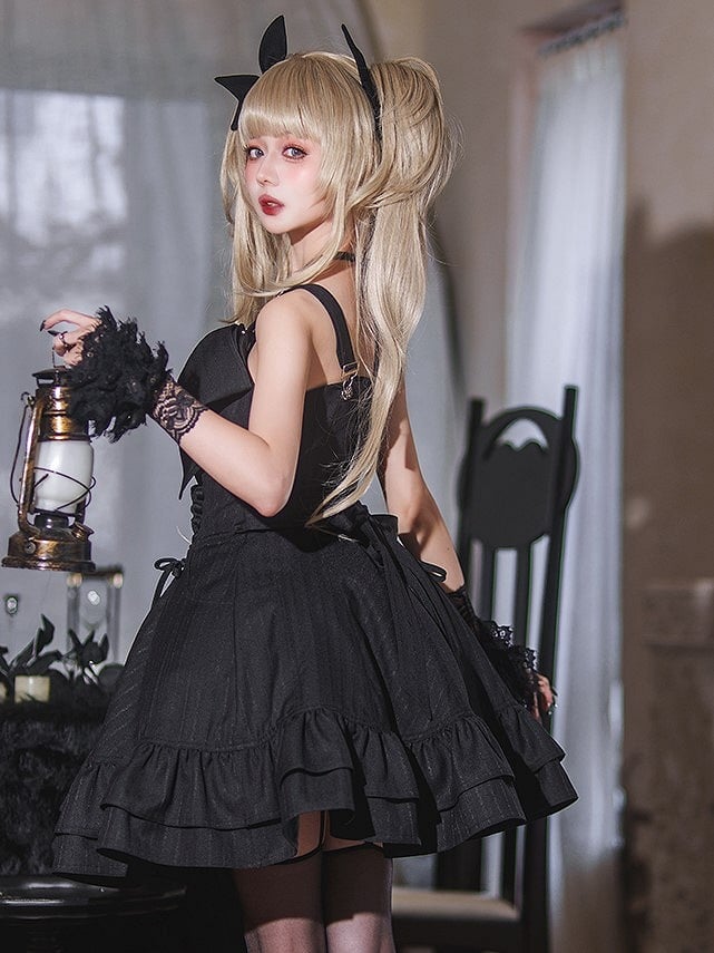 【12月26日予約締切】ゴシックロリータダークカラーストライプリボンサスドレス