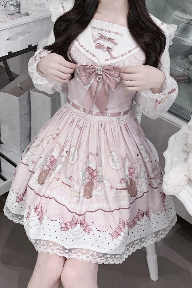 【8月30日予約締切】Pink and white rabbit print lace sailor collar Op dress +pleated dress skirt set＋ 3 Styles of Bow Tie Available