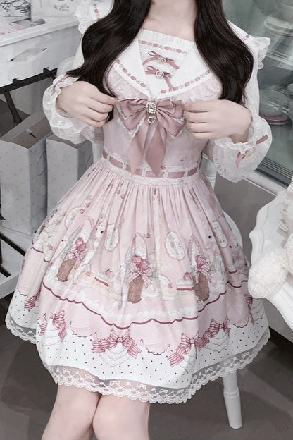 【8月30日予約締切】Pink and white rabbit print lace sailor collar Op dress +pleated dress skirt set＋ 3 Styles of Bow Tie Available