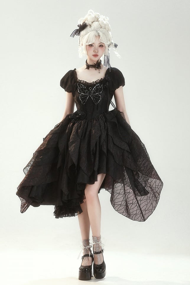 【10月28日予約締切】Black Butterfly Gothic Lolita Puff Sleeve Dress Top + Layered Ruffle Asymmetrical Hem Skirt Set (With Chest Brooch + Waist Brooch)