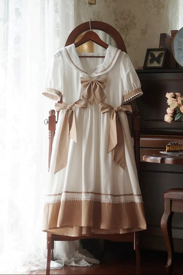 [Reservierungsschluss 28. Juni] 5 Farben/Sailor-Lolita-Streifenkleid mit Schleife und Puffärmeln