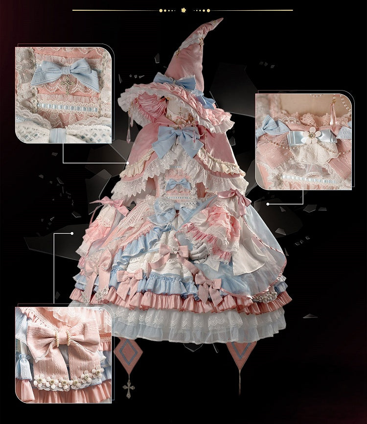 [Cierre de reserva el 14 de septiembre] Conjunto completo Fantasy Sweet Witch de vestido JSK cruzado + cola con lazo grande + capa con capucha + mangas desmontables + sombrero de bruja + mangas exteriores