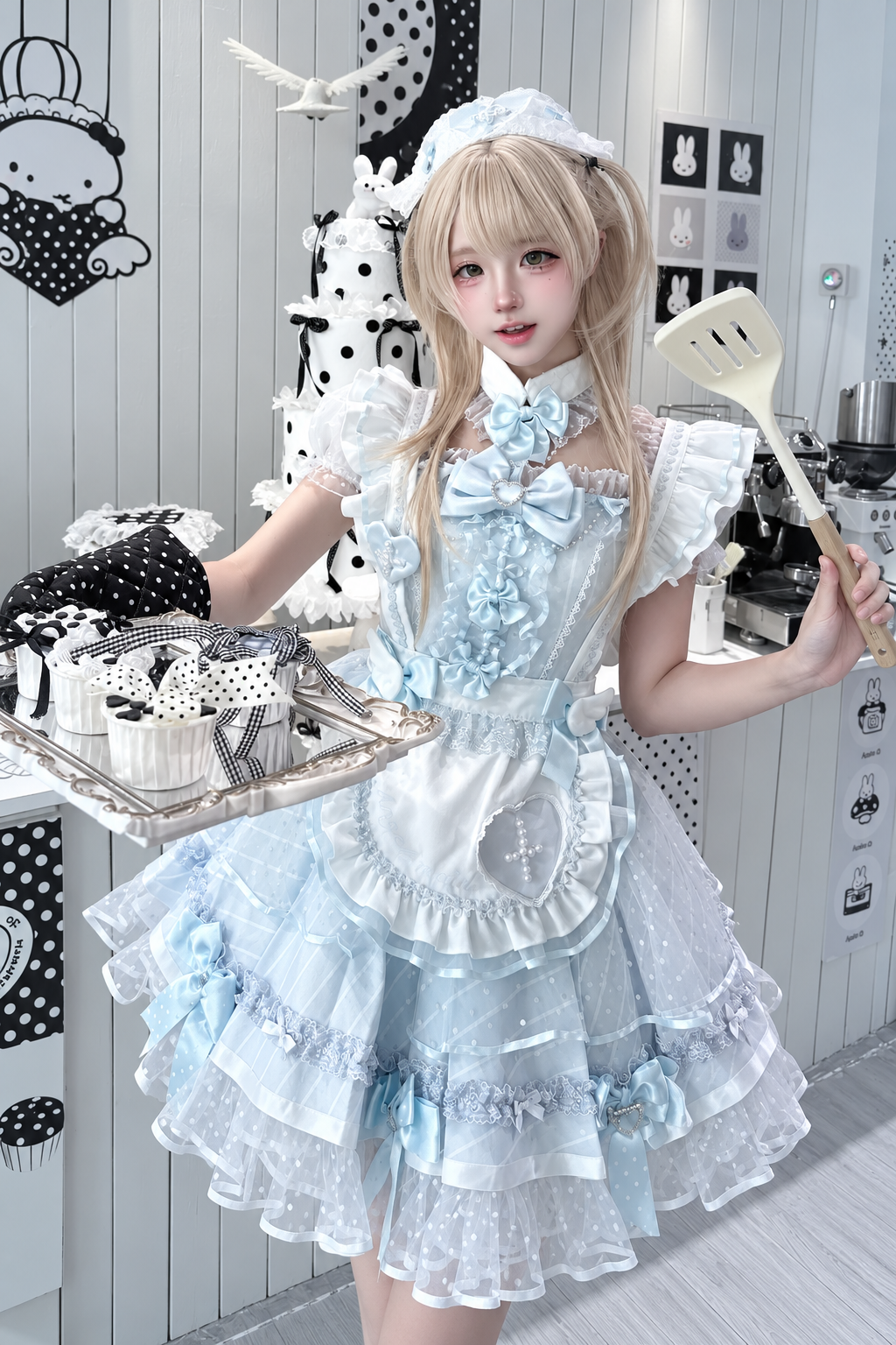 【10月15日予約締切】Pink/Blue Medical Angel Bow Frill Apron Dress Set + Nurse Hat + Nurse Hat