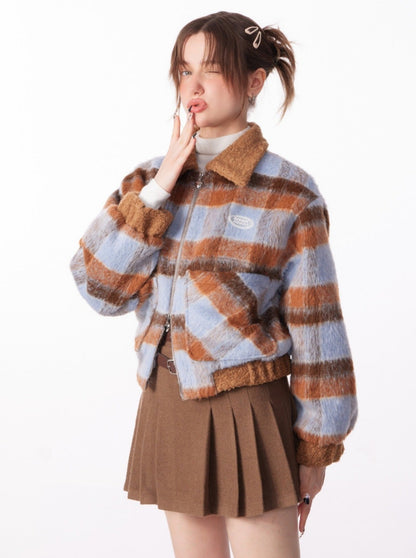 Check Blue Brown Short Jacket