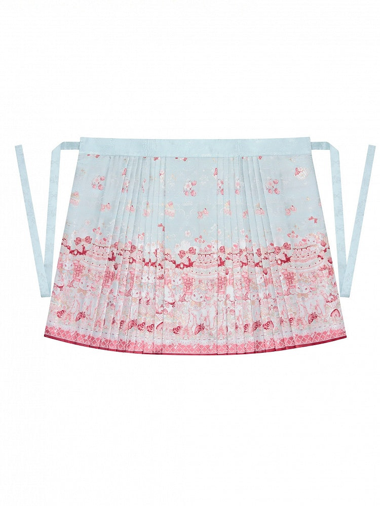 【10月21日予約締切】Pink/Blue Hanfu-inspired Little Lamb Tea Party Lace Wide Sleeve Blouse + Printed Ruffle Skirt + Pleated Mamian Skirt + Strawberry Embroidered Ribbon Lace Apron