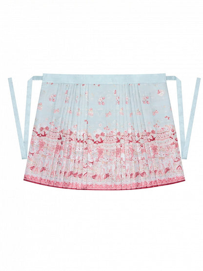 【10月21日予約締切】Pink/Blue Hanfu-inspired Little Lamb Tea Party Lace Wide Sleeve Blouse + Printed Ruffle Skirt + Pleated Mamian Skirt + Strawberry Embroidered Ribbon Lace Apron