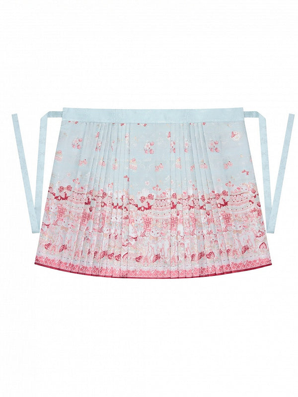 【10月21日予約締切】Pink/Blue Hanfu-inspired Little Lamb Tea Party Lace Wide Sleeve Blouse + Printed Ruffle Skirt + Pleated Mamian Skirt + Strawberry Embroidered Ribbon Lace Apron
