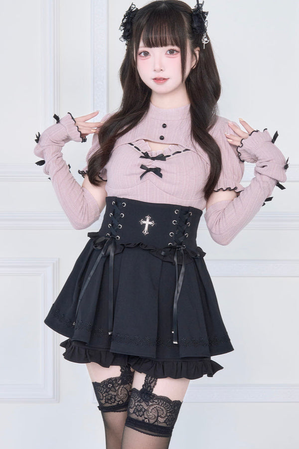Knit Top with Ribbon Sleeves + Gothic Cross Lace-Up Skirt