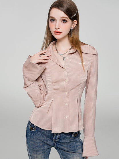 Baby Pink Satin Striped Waist Shirt