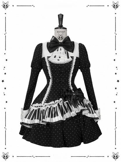 [Reservierungsschluss 22. Oktober] Schwarz gepunktetes Gothic-Lolita-Rüschenkleid mit asymmetrischem Design, Klaviertasten- und Musiknotenmotiv sowie Klaviertasten-Spitzenfliege