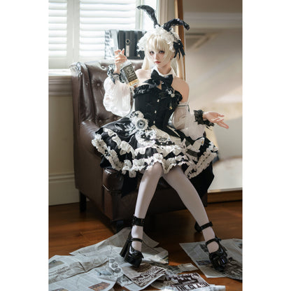 【2月13日予約締切】ブラックホワイトゴシックアリスラビットフリルビスチェトップメイドスカートドレスセット＋アクセサリー