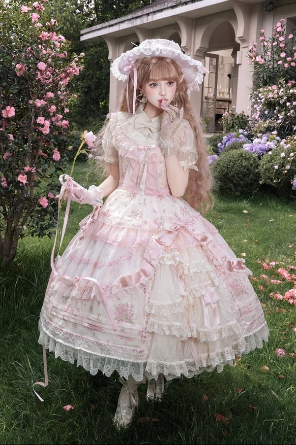 [Pre-order Deadline: May 8] Pink Floral Sweet Elegant Lace Ribbon Classic Tiered Lolita JKS Dress