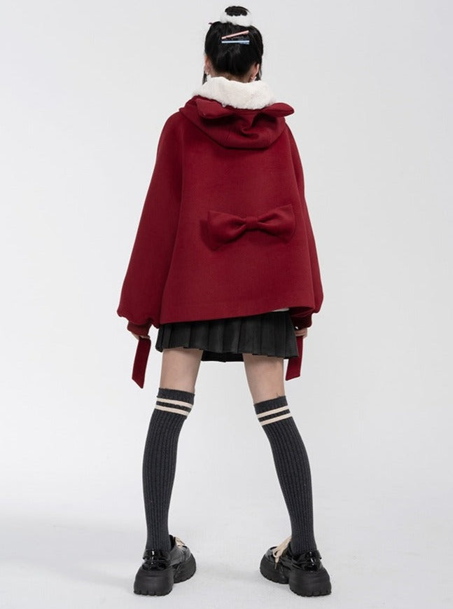 Wine Red Cat Hooded Short Wool Coat