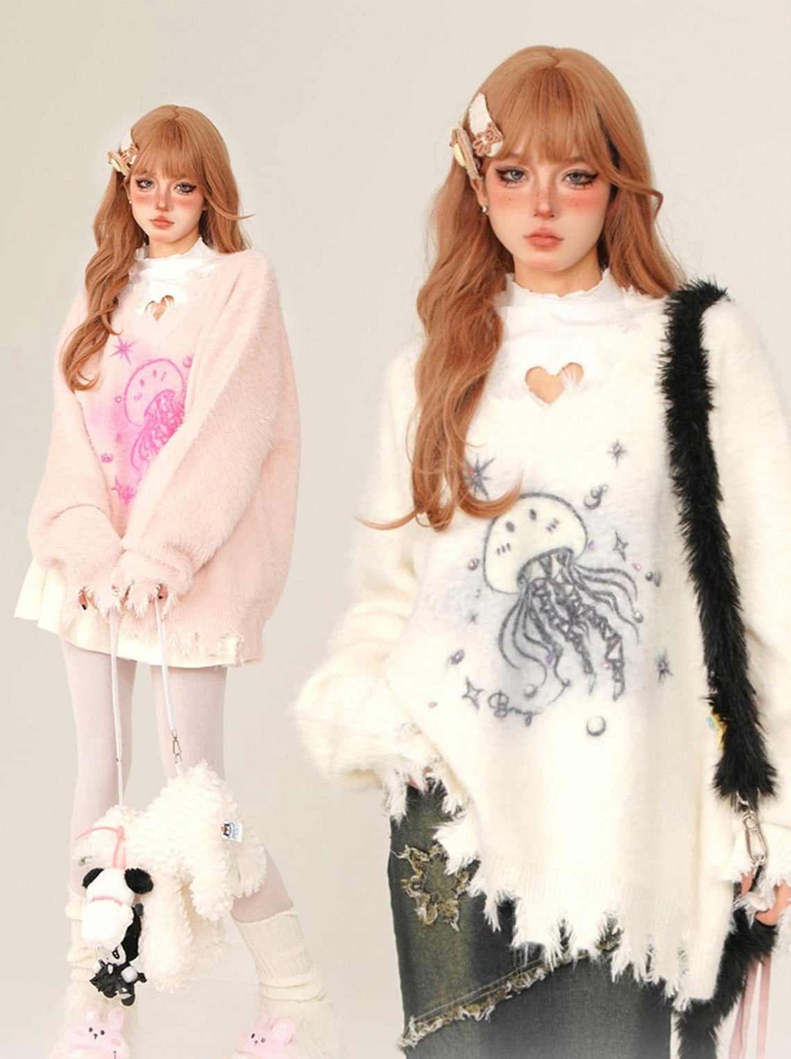 Sweet Girly Casual Style V-Neck Octopus Fur Knit