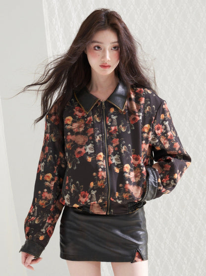 Retro Reversible Flower Damaged Leather Jacket + Leather Slit Skirt