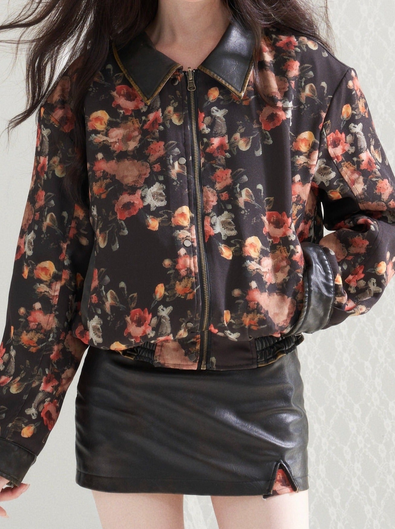 Retro Reversible Flower Damaged Leather Jacket + Leather Slit Skirt