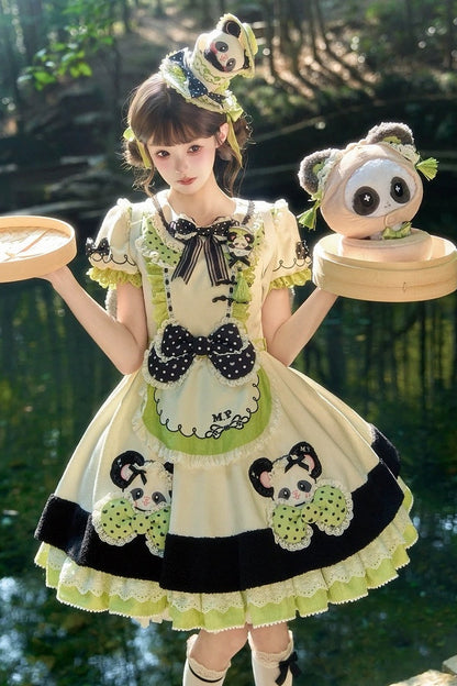 [Pre-order Deadline: October 25] Pink/Green Chinoiserie Lolita Sweet Panda Appliqué Puff Sleeve Polka Dot Bow Apron Dress