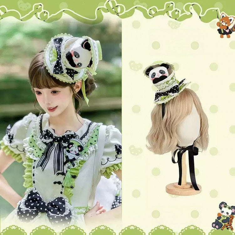 [Reservierungsschluss am 1025] Pink/Grüne Chinoiserie-Lolita-Sweet-Panda-Serie Accessoires (Teetassen-inspirierter Minihut, Pandaohren-Haube, Pandaohren-KC, Pandaohren-Barett, Haarclip, Halskette, Handtasche, Quastenbrosche, Socken)