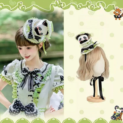 [Reservierungsschluss am 1025] Pink/Grüne Chinoiserie-Lolita-Sweet-Panda-Serie Accessoires (Teetassen-inspirierter Minihut, Pandaohren-Haube, Pandaohren-KC, Pandaohren-Barett, Haarclip, Halskette, Handtasche, Quastenbrosche, Socken)
