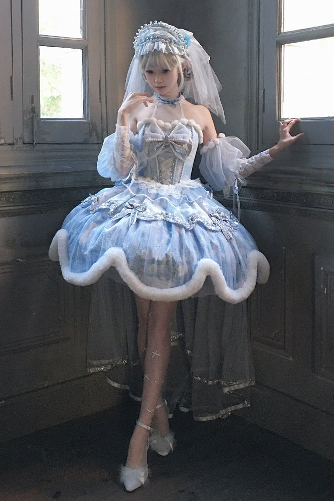 Snow Rabbit Ball Series: Bonnet with rabbit ears + crown veil + accessories