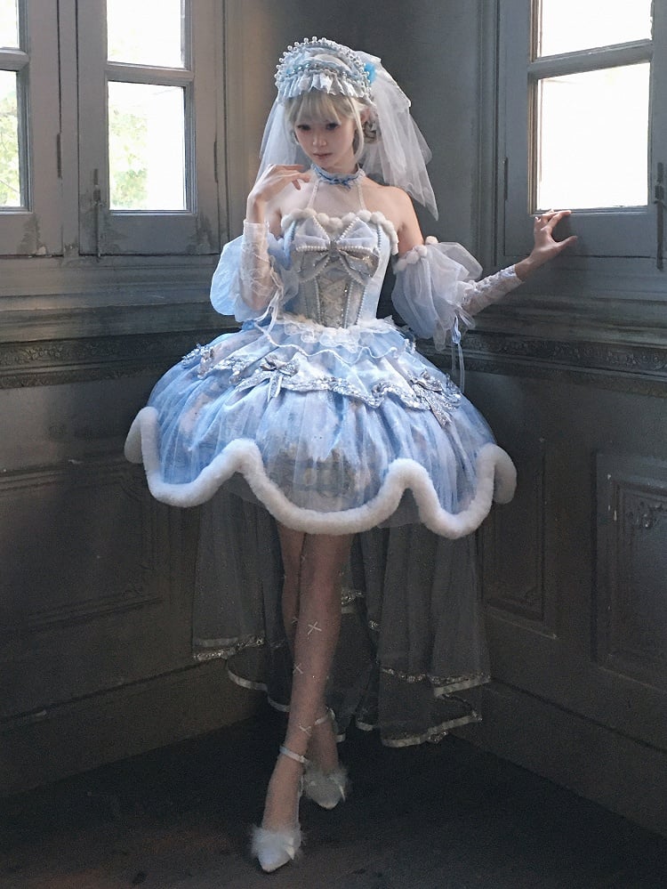 [Deadline for reservations: December 10] Snow Rabbit Ball Blue and Silver Halter Neck Fur Dress Complete Set