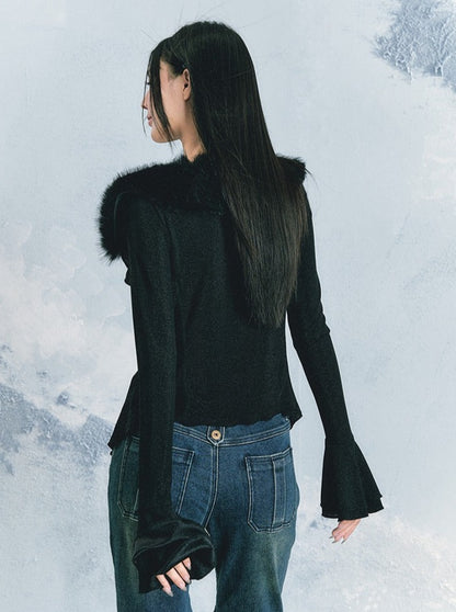 Splicing Fur Knit Slit Cardigan