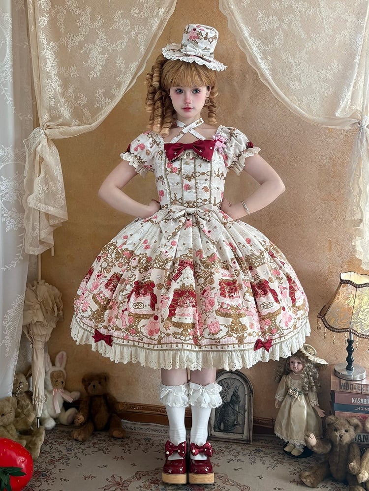 【4月26日予約締切】レトロロマンスイートロリータリボンケーキプリントホルターネックドレス