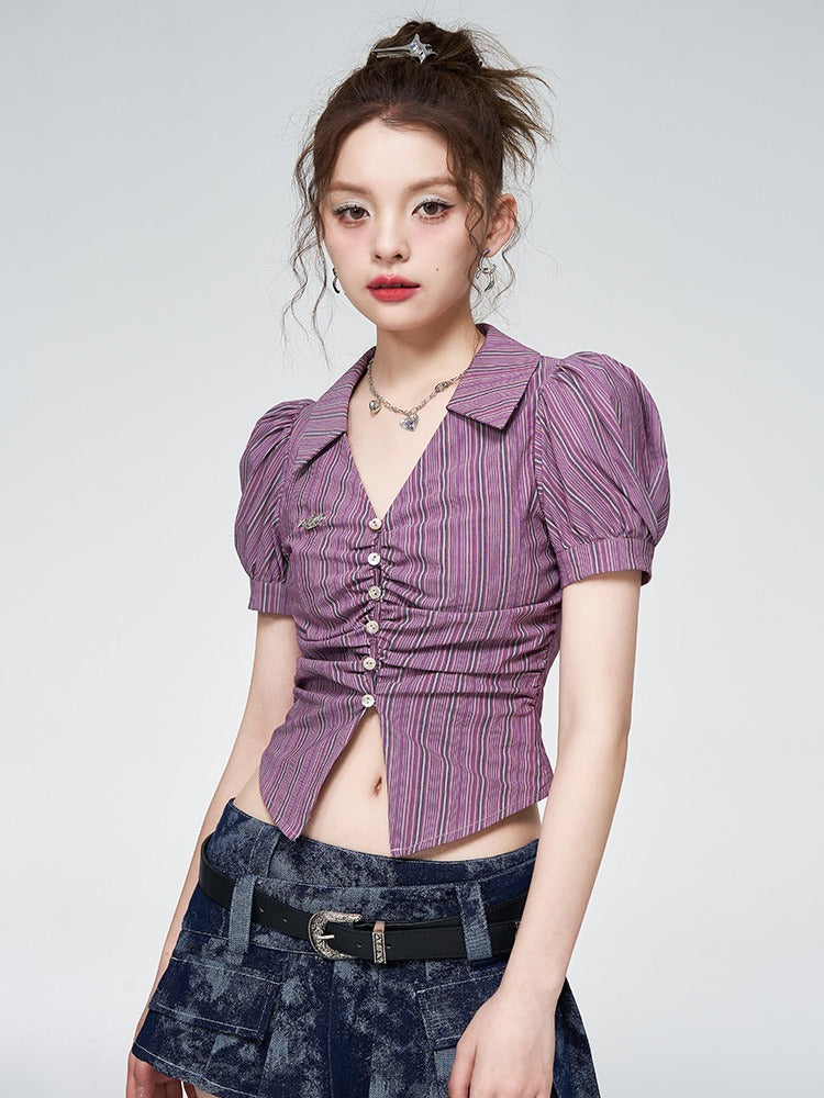 Violet striped puff sleeve short pleated shirt