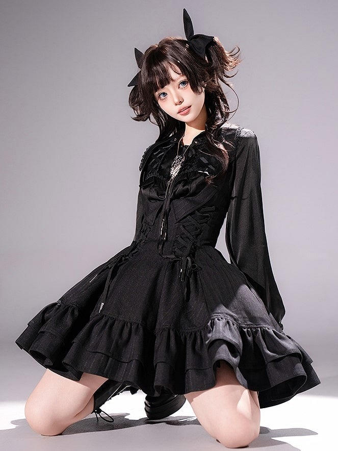 【12月29日予約締切】ゴシックロリータダークカラーストライプバッククロスフリルサスドレス