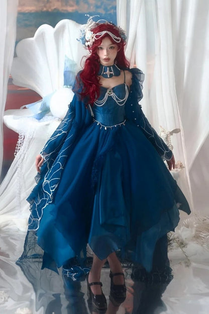 [Reservierungsschluss 1. Juni] Dunkelblau/Pink/Dunkelpetrol Atlantis Dark-Fantasy-Lolita Sternen-Korsett asymmetrisches Bustier-JKS-Kleid