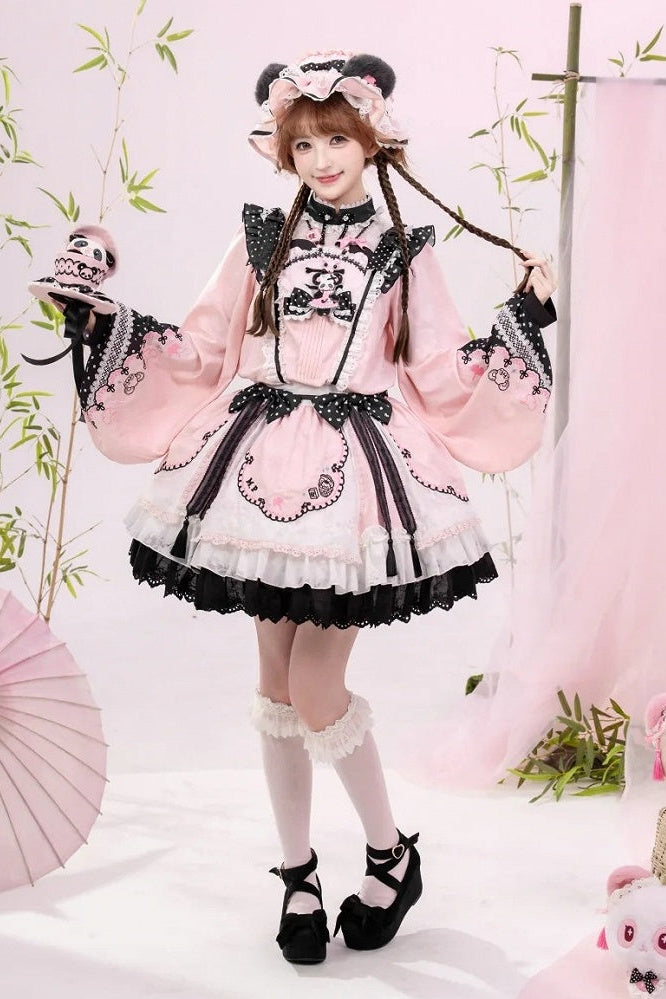 [Pre-order Deadline: October 25] Pink/White/Green Chinoiserie Lolita Sweet Panda Polka Dot Lace Apron Ruffle OP Dress